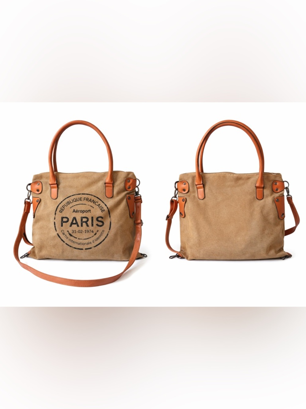 Paris Canvas Tote Bag with Handles and Crossbody Strap